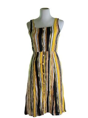 Button-Front Striped Midi Dress in Yellow & Black